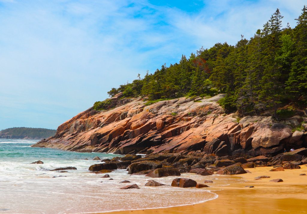 The rocky, granite cliffs at Sand Beach along the shore of Acadia National Park