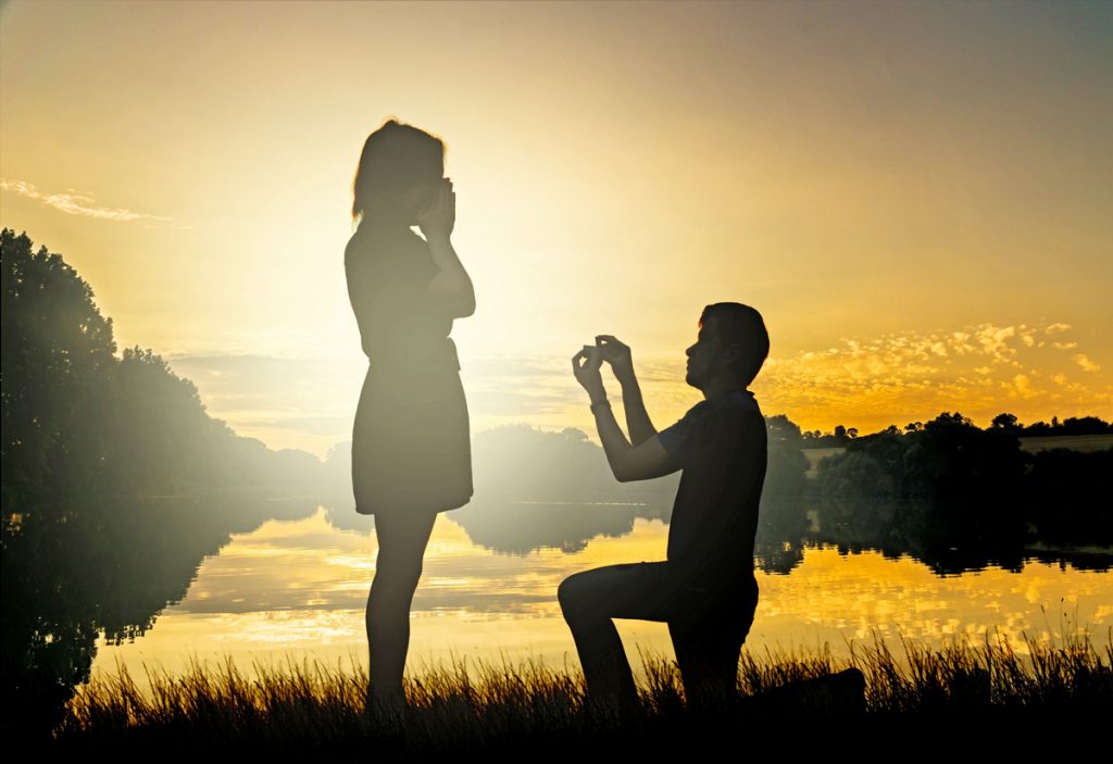 Couple during marriage proposal outside