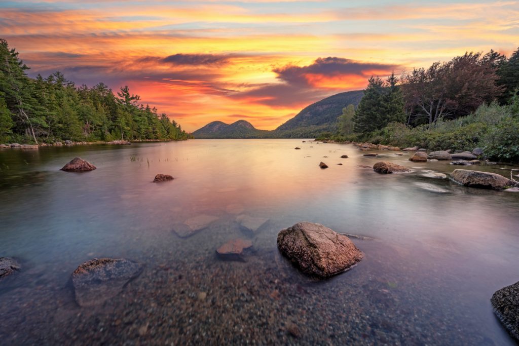 Dawn colors over Jordan Pond Maine