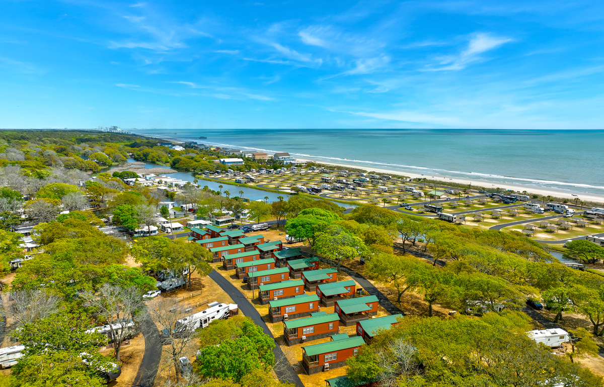 Aerial view of glamping cabins at Carolina Shores RV Resort